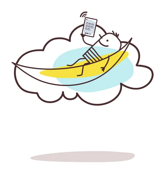 Homme de bande dessinée connecté et relaxant sur le nuage — Image vectorielle