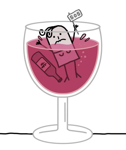 Мультфильм "Женщина-алкоголик" утонул в стакане вина — стоковый вектор