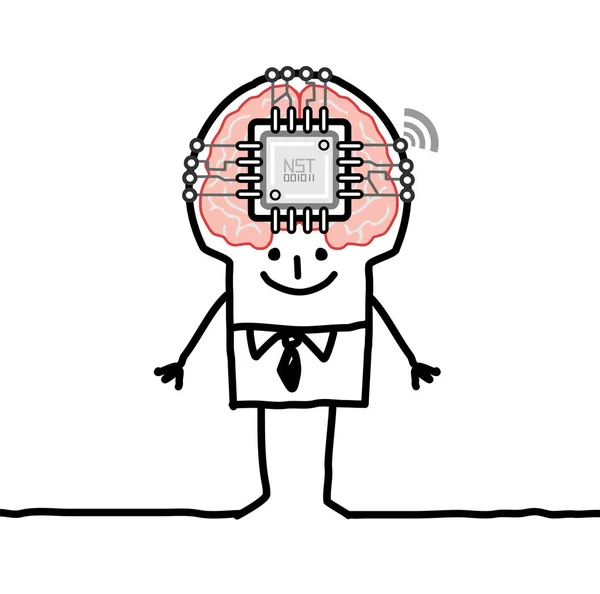 Homem dos desenhos animados com grande cérebro e microchip —  Vetores de Stock