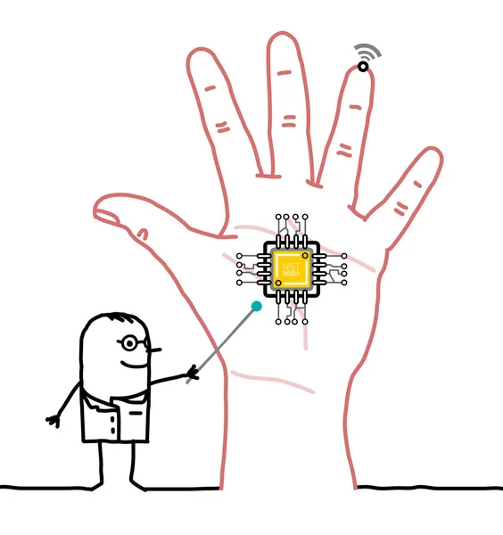 Doctor de dibujos animados mostrando un implante de microchip en la mano — Archivo Imágenes Vectoriales