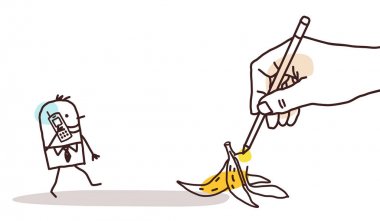 Drawing Big Hand - Cartoon Walking Man and Banana Peel clipart