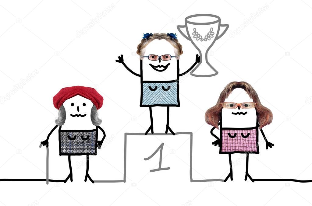 Cartoon Best Grand Mother on Podium with Cup