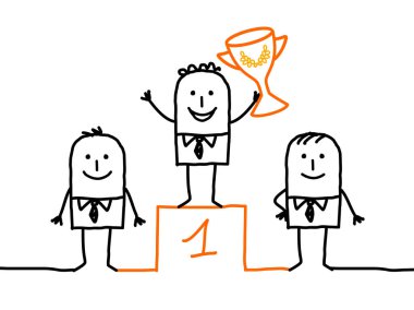 Çizgi film kazanan adam Kupası ile podyum üzerinde