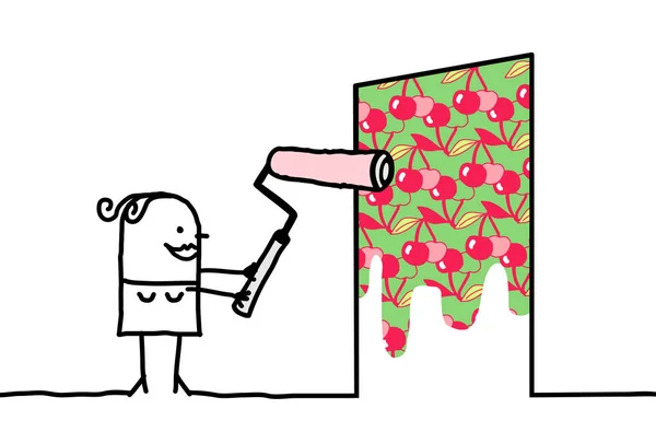 만화 여자 벚꽃 무늬 벽 그림 — 스톡 벡터