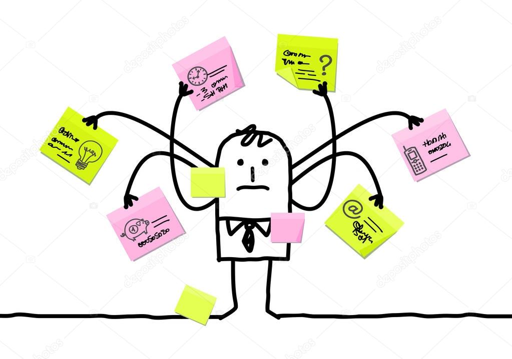 Cartoon Man Multitasking with Sticky Notes