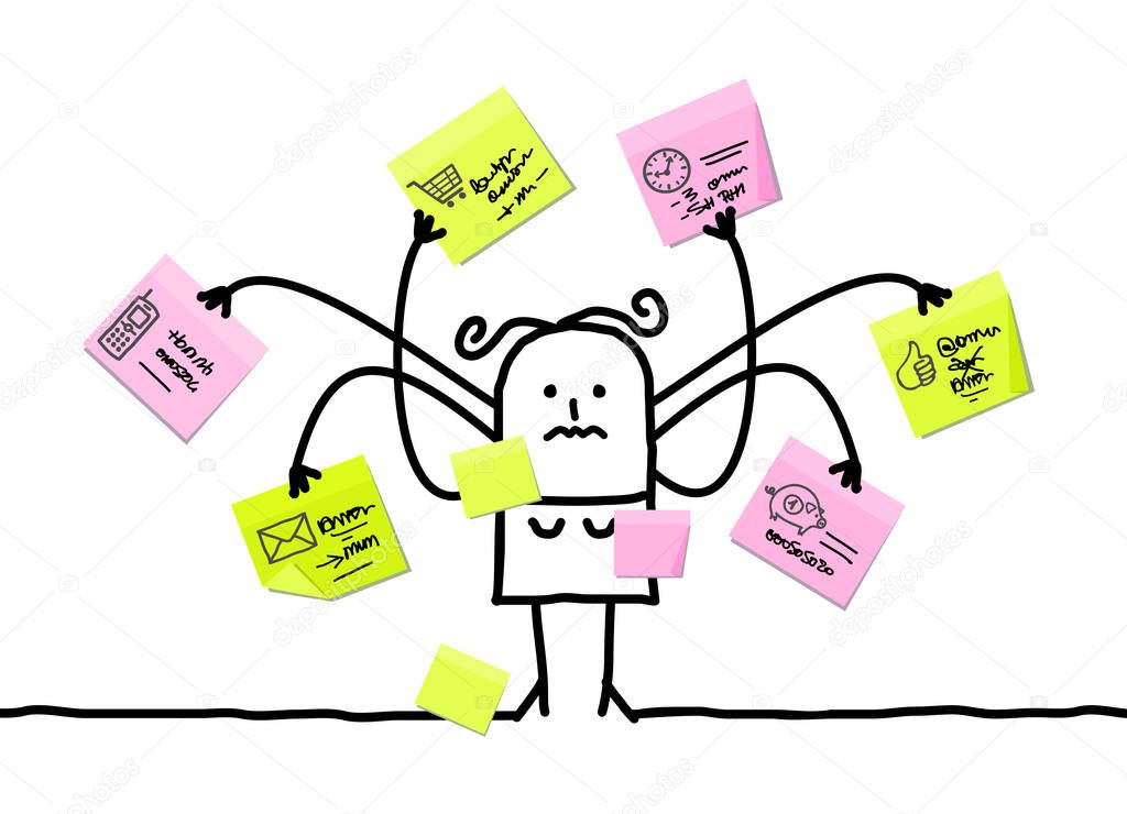 Cartoon Woman Multitasking with Sticky Notes