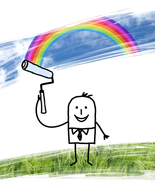 Dibujos animados hombre pintura azul cielo con arco iris — Foto de Stock