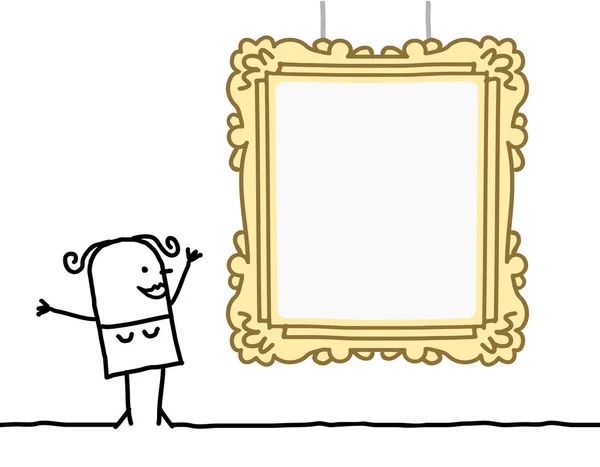 Mujer de dibujos animados viendo un marco en blanco — Vector de stock