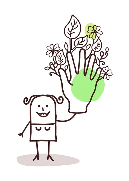 Mujer de dibujos animados con una gran mano verde — Vector de stock