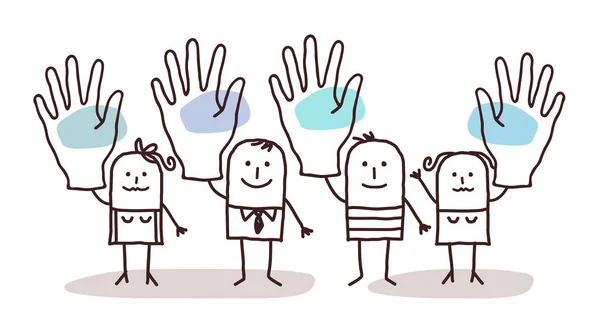Cartoon-Gruppe von Menschen sagt Ja mit erhobenen Händen — Stockvektor