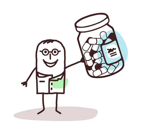 Γιατρός κινουμένων σχεδίων με μπουκάλι κάψουλες ιατρική — Διανυσματικό Αρχείο