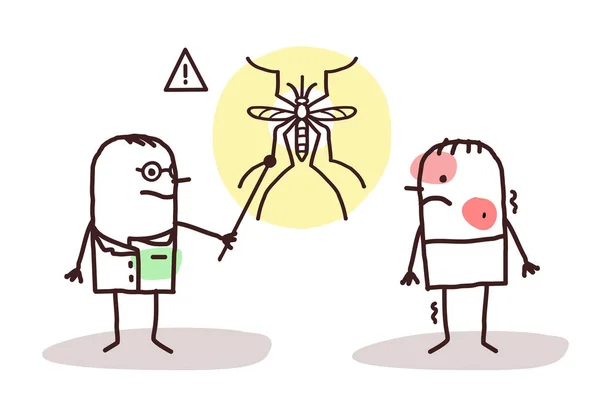 Мультяшний лікар з хворою людиною і Денге комарами — стоковий вектор