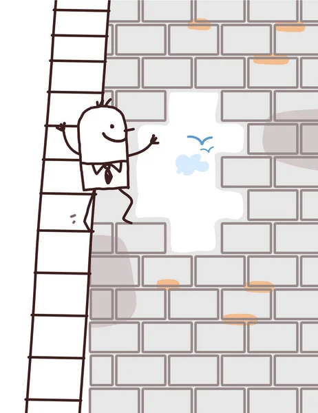 Homem dos desenhos animados escalando uma abertura de parede —  Vetores de Stock