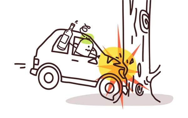 漫画のキャラクターと車 - 木の車の事故 — ストックベクタ