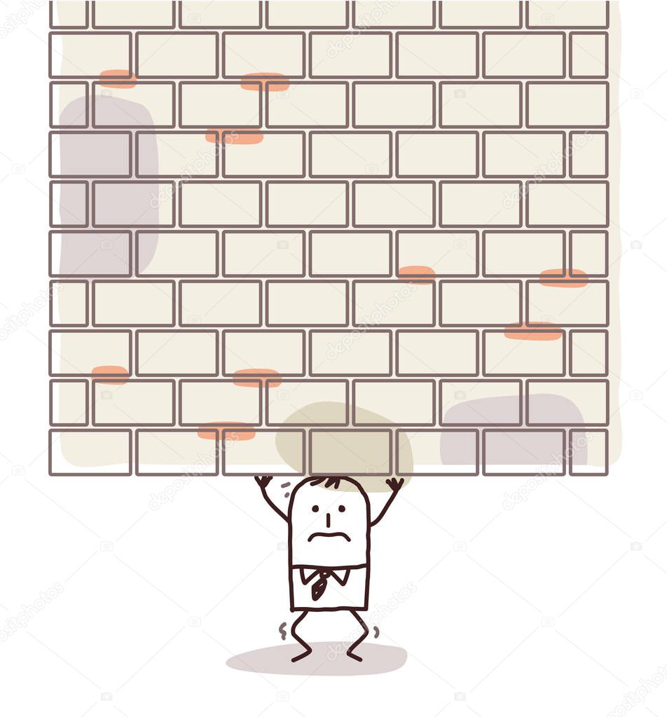 cartoon man crushed under a heavy wall