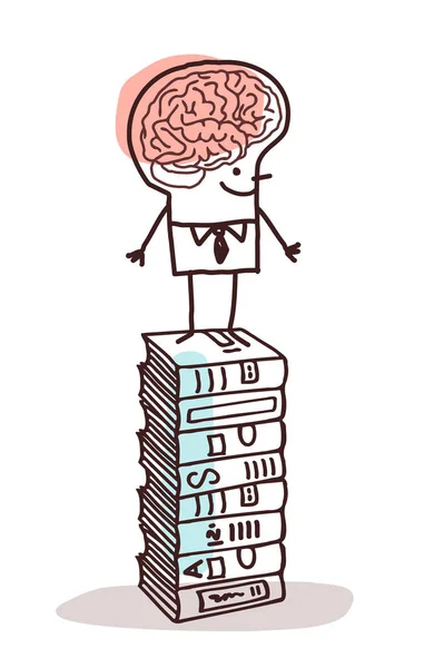 Homme Avec Grand Cerveau Sur Pile Livres — Image vectorielle