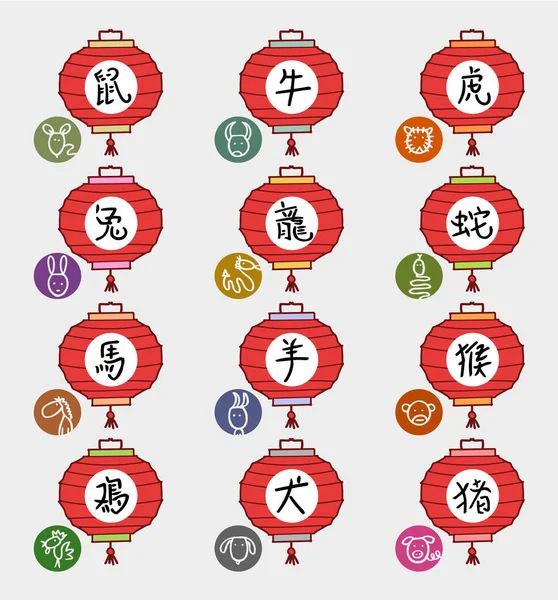 Dwanaście Zodiak chiński Lampion i znaki — Wektor stockowy