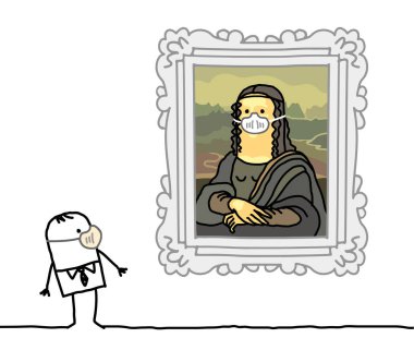 Maskeli adam maskeli ünlü Mona Lisa 'yı izliyor.