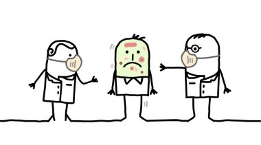 Maskeli karikatür doktorları ve virüslü bir hasta.
