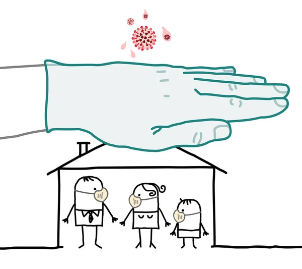 Famiglia Cartoni Animati Con Maschere Contro Virus Una Casa Protetta — Foto Stock