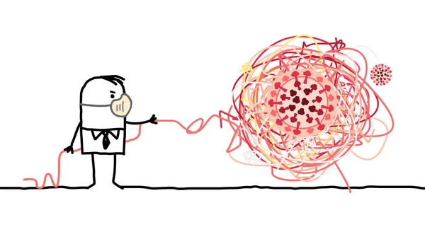 Карикатурист Маске Распутывает Большой Узел Вирусом Внутри — стоковый вектор
