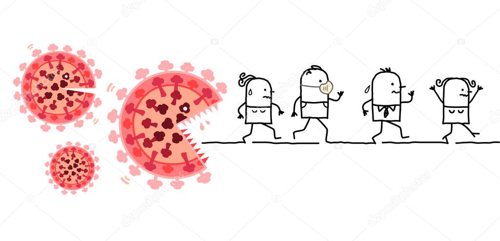 Hand drawn Cartoon people scared and running away from big virus monster