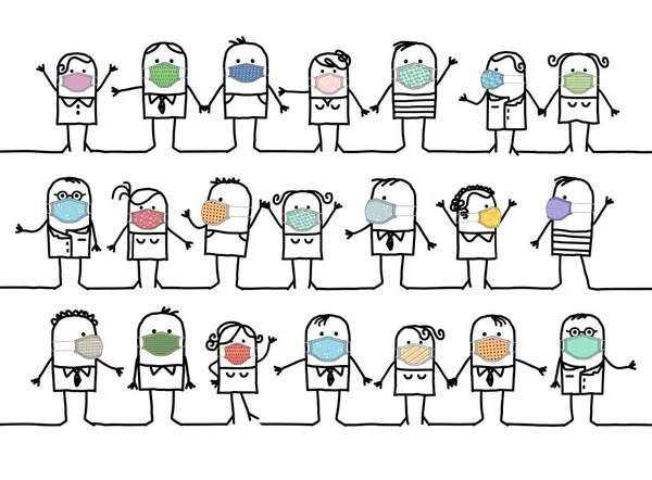 Dibujado Mano Grupo Dibujos Animados Personas Que Usan Máscaras Protección — Archivo Imágenes Vectoriales