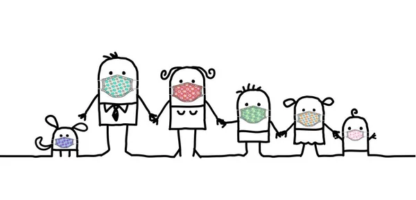 Disegnato Mano Famiglia Dei Cartoni Animati Indossando Maschere Protezione Piuttosto — Vettoriale Stock