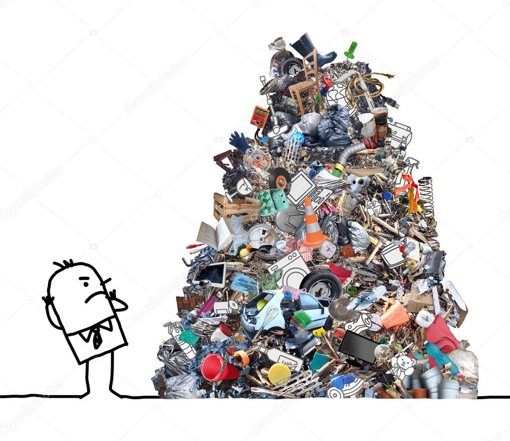 Worried cartoon man watching a big and high pile of garbage