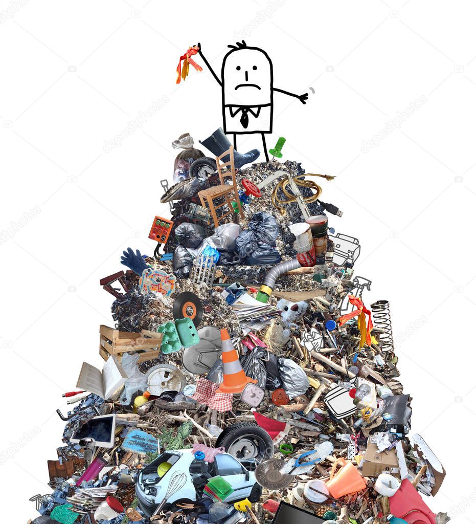 Unhappy cartoon man on the top of a big and high pile of garbage