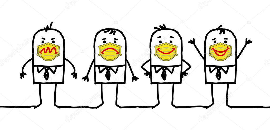 hand drawn Cartoon people wearing yellow protection masks with emoticons mood signs