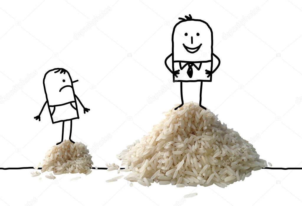 hand drawn Cartoon poor and rich men on small or big rice piles