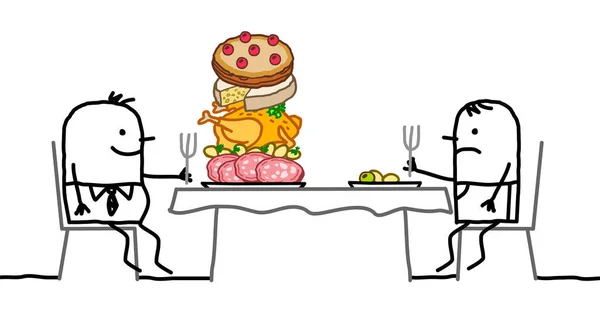 手描きの漫画の太った男彼のプレートに食べ物の山 小さなプレートと薄いものの前に座って — ストック写真