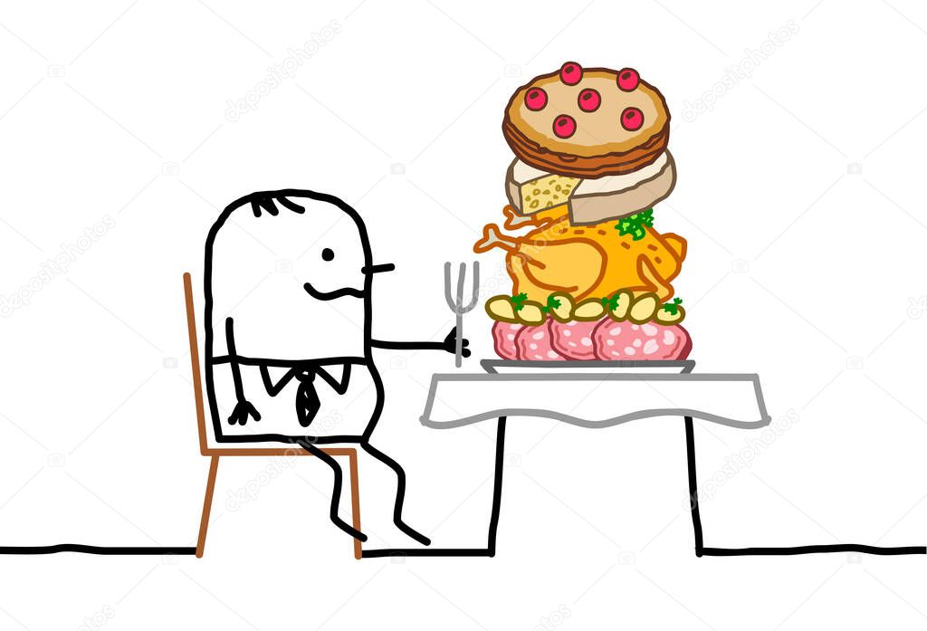 hand drawn Cartoon fat man sitting a a table, with a too big pile of food in his plate