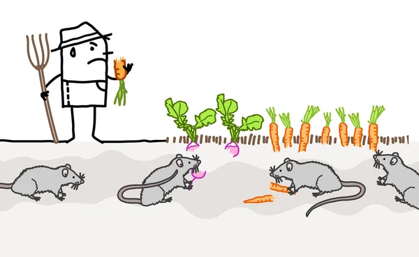 hand drawn Cartoon unhappy farmer because of mice eating his vegetables