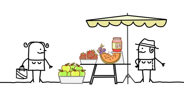 Desenhado Mão Produtor Desenhos Animados Que Vende Frutas Orgânicas Uma — Fotografia de Stock