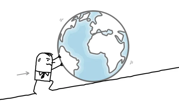 Нарисованный Вручную Карикатурный Бизнесмен Толкает Большую Тяжелую Землю Вверх Холму — стоковое фото