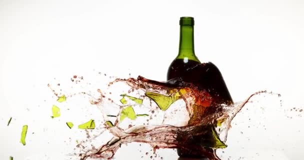 Fles rode wijn breken en spatten — Stockvideo