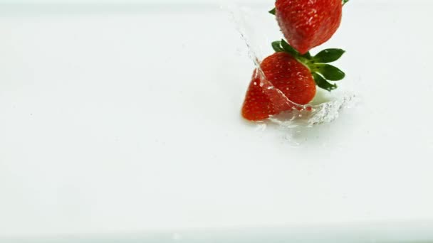 Strawberries falling in water — Stock Video