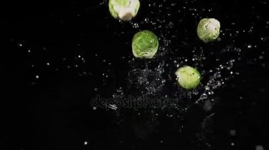 Brüksel lahanası, brassica oleracea, siyah arka plan, ağır çekim suya düşen sebze