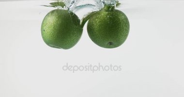 Granny Smith elma, malus domestica, beyaz arka plan, yavaş hareket 4 k girerek su meyve