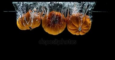 Cüce kabak, cucurbita pepo, siyah arka plan, yavaş hareket 4k suya düşen meyve