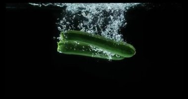 Uzun kabak veya kabak, cucurbita pepo, düşen suya karşı siyah arka plan, sebze yavaş hareket 4k