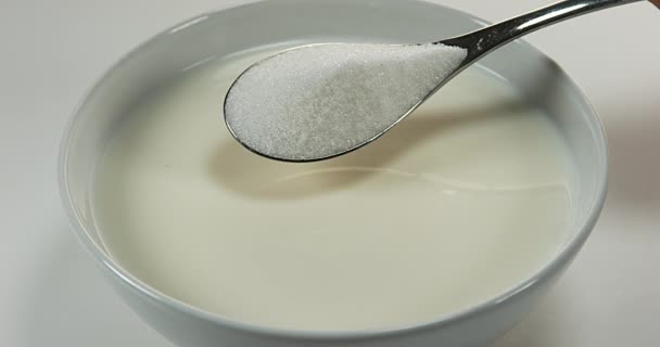 Colher de açúcar e tigela de leite — Vídeo de Stock