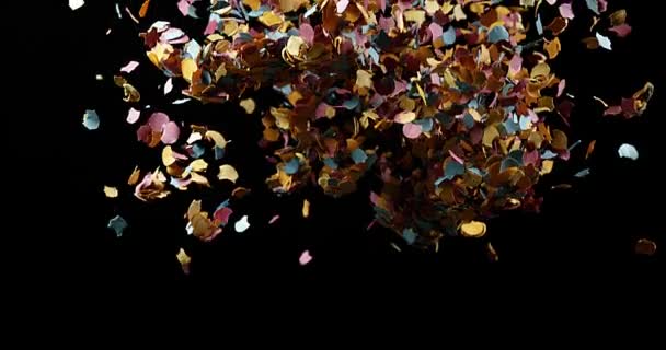 Confettis faller mot svart bakgrund, Slow Motion 4k — Stockvideo