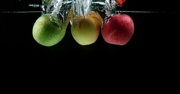 Manzanas, malus domestica, Frutas que entran en el agua contra el fondo negro, cámara lenta 4K — Vídeo de stock