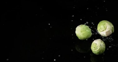 Brüksel lahanası, brassica oleracea, siyah arka plan, yavaş hareket 4 k suya düşen sebze