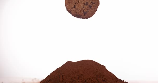 Cookie cayendo en chocolate en polvo negro — Vídeos de Stock