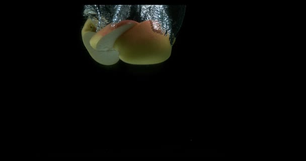 Manzanas, malus domestica, Fruta que entra al agua contra el fondo negro, cámara lenta 4K — Vídeo de stock