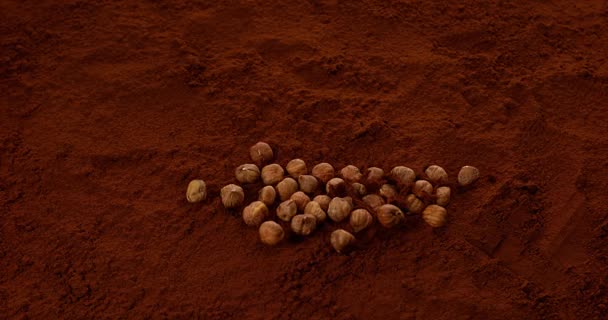 Hasselnötter faller i svart choklad pulver — Stockvideo